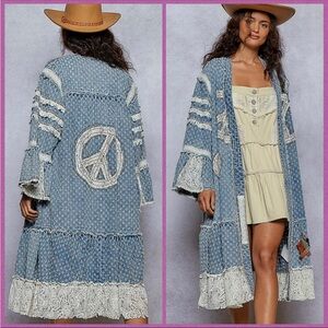 POL Blue Denim Duster with Peace Sign and lace detail